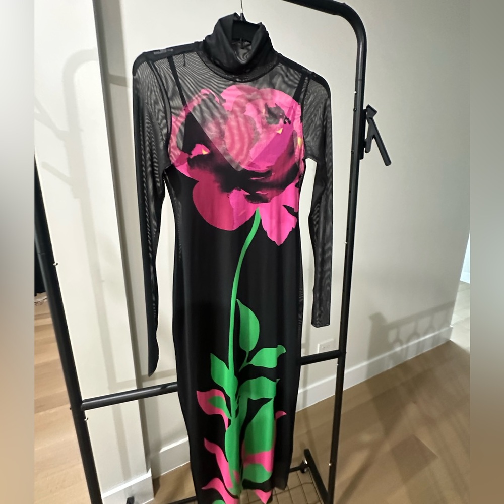 AFRM Black Dress with Pink and Green Floral Design